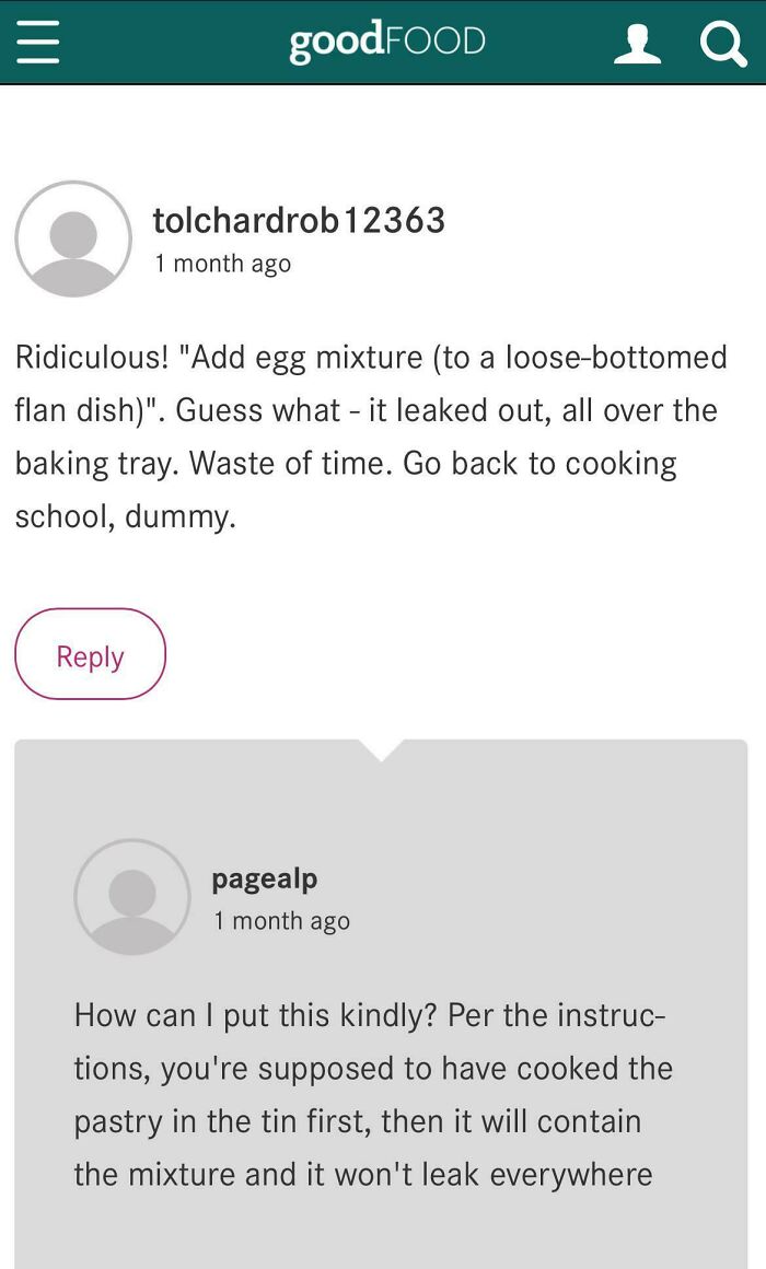 User comments from failed tries at following a recipe showing unhinged reviews about leaking flan mixture issues.
