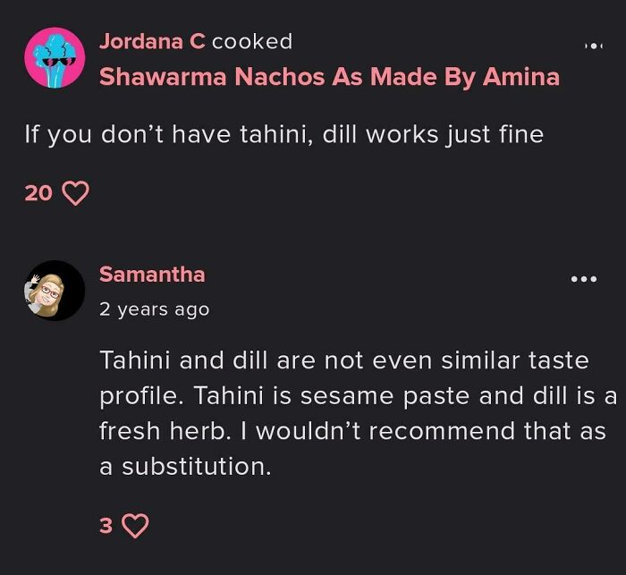 Screenshot of a recipe review discussion about substituting tahini with dill in shawarma nachos, part of failed tries.