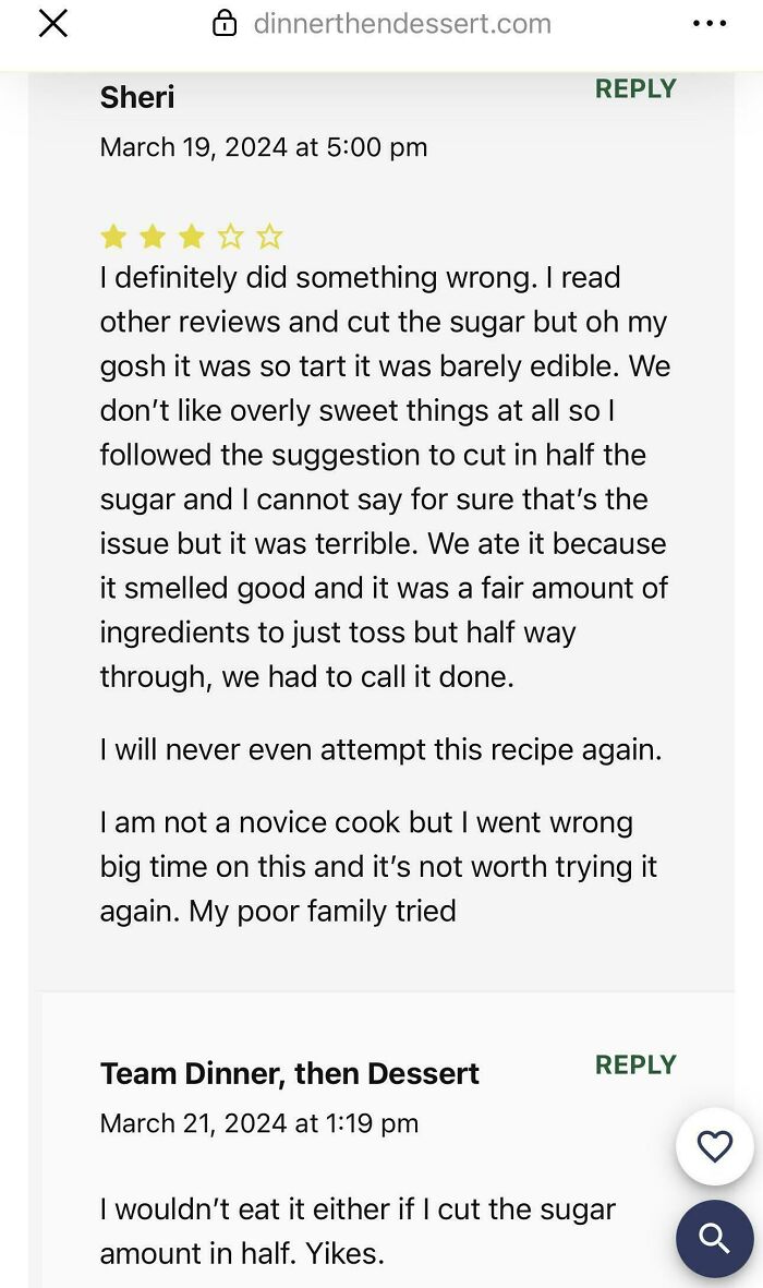 Screenshot of a recipe review detailing a failed try with sugar adjustments in a cooking attempt leading to unhinged reviews.