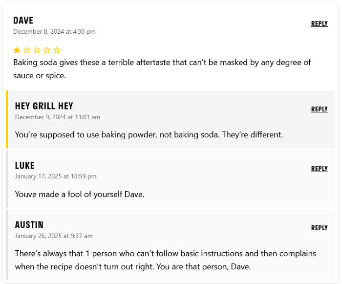 Screenshot of unhinged recipe reviews showing confused users debating baking soda versus baking powder usage.
