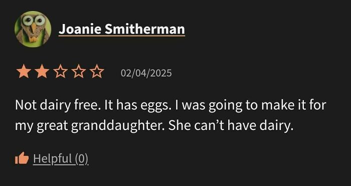 User review with one star rating about recipe failure mentioning eggs and dairy issues in failed tries at following a recipe.