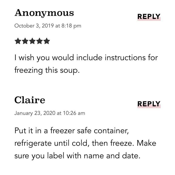 User comments on recipe instructions including freezing tips from failed tries that led to unhinged reviews and cooking challenges.