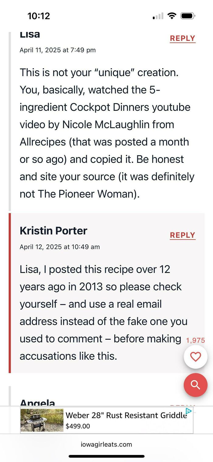 Screenshot of a comment thread debating originality and recipe source on a cooking website focused on failed recipe tries.