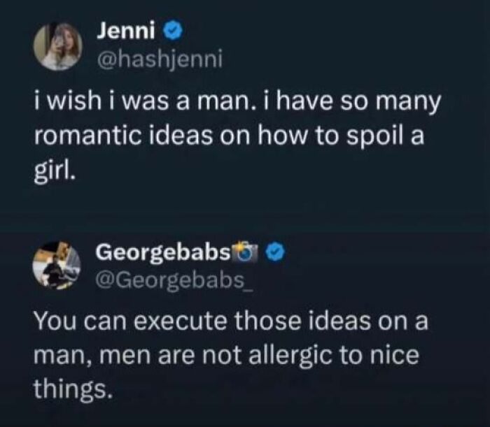 A man smiling behind a bouquet of flowers with a funny screenshot about romantic ideas and men.