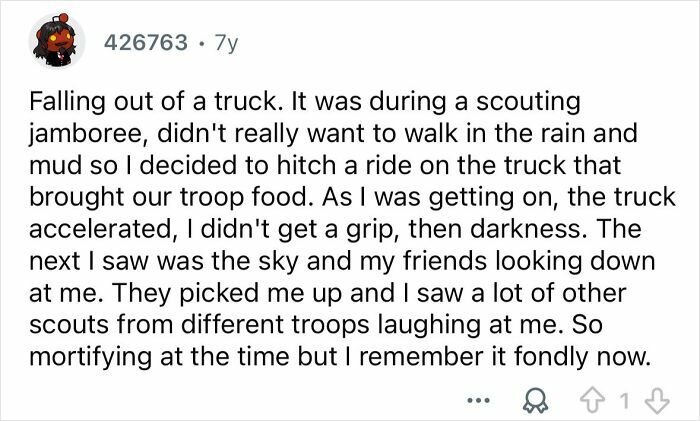 Scout falling out of moving truck shares embarrassing situation that became funny later with friends laughing nearby.