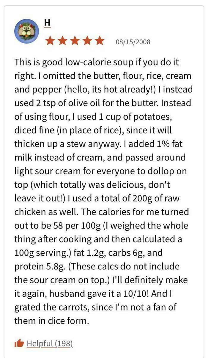Five-star recipe review with detailed modifications and praise for a low-calorie soup from failed recipe tries.