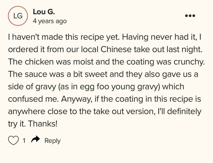 Review comment sharing a positive experience with a Chinese takeout recipe featuring moist chicken and crunchy coating.