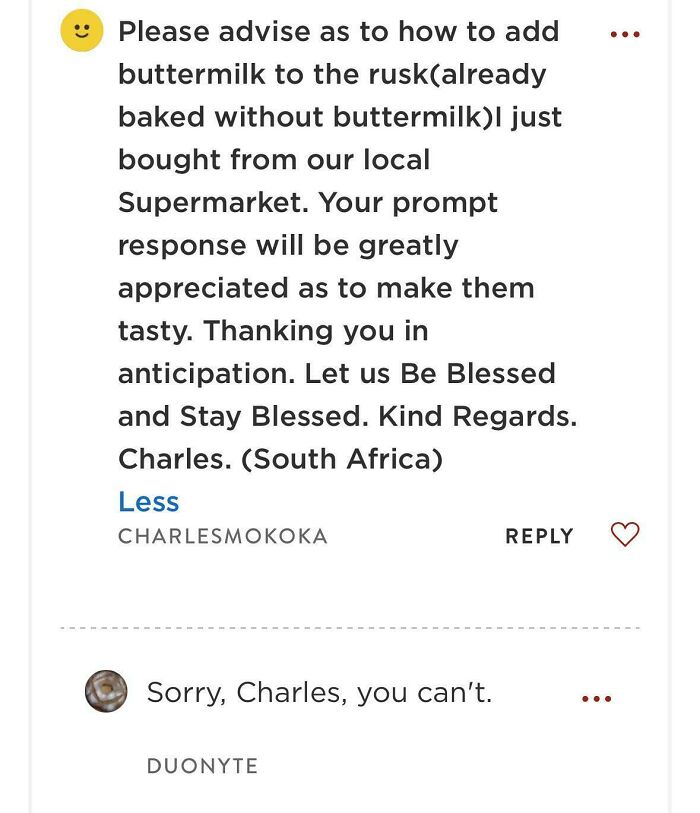 Comment asking how to add buttermilk to rusk, with a short reply, illustrating failed tries at following a recipe.