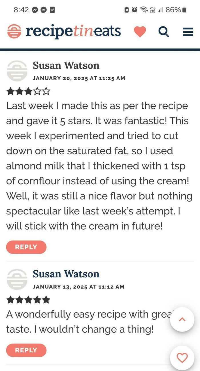 Recipe reviews showing failed tries and adjustments to recipe ingredients with mixed user ratings.