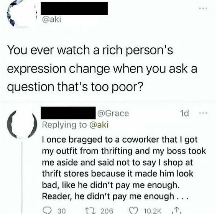 Two men reacting with frustration behind a funny screenshot about rich people’s changing expressions and thrift shopping, a humorous distraction.