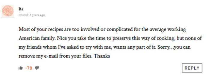 Negative recipe review complaining about complicated cooking instructions and unwanted emails from recipe site.
