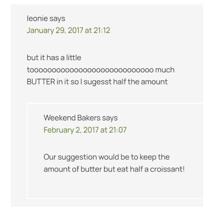 Comments discussing the amount of butter in a recipe, part of failed tries at following a recipe with unhinged reviews.