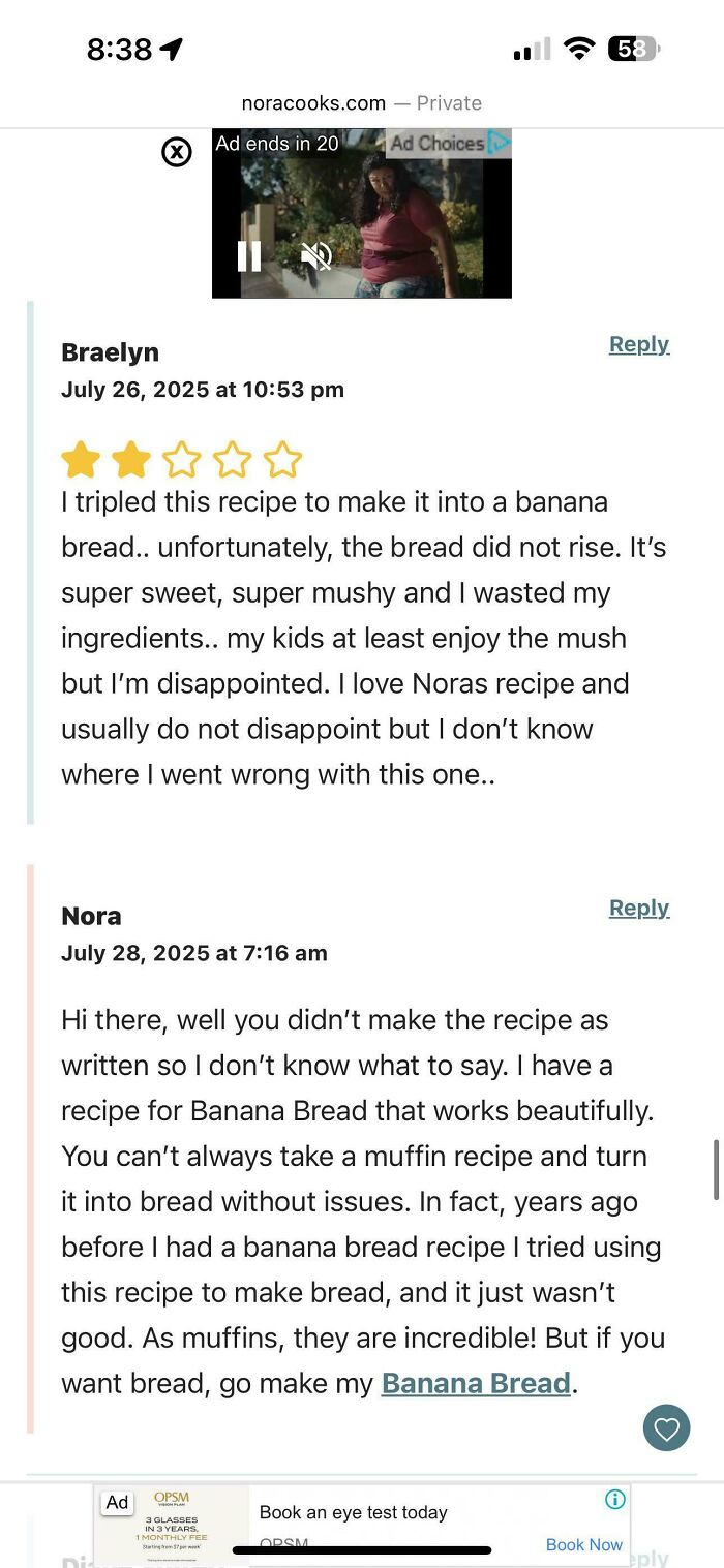 Screenshot of a failed banana bread recipe review with unhinged comments from a cooking blog.