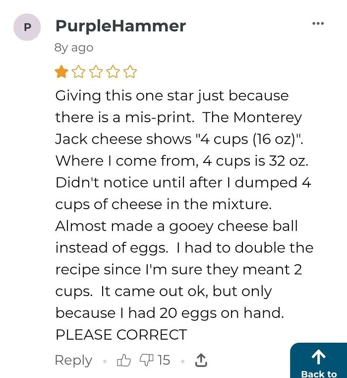 Screenshot of a recipe review highlighting a misprint in cheese measurement causing a failed try and unhinged feedback.