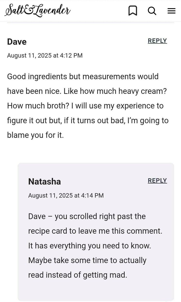 User comments on a recipe with frustration over missing measurements, illustrating failed tries at following a recipe.