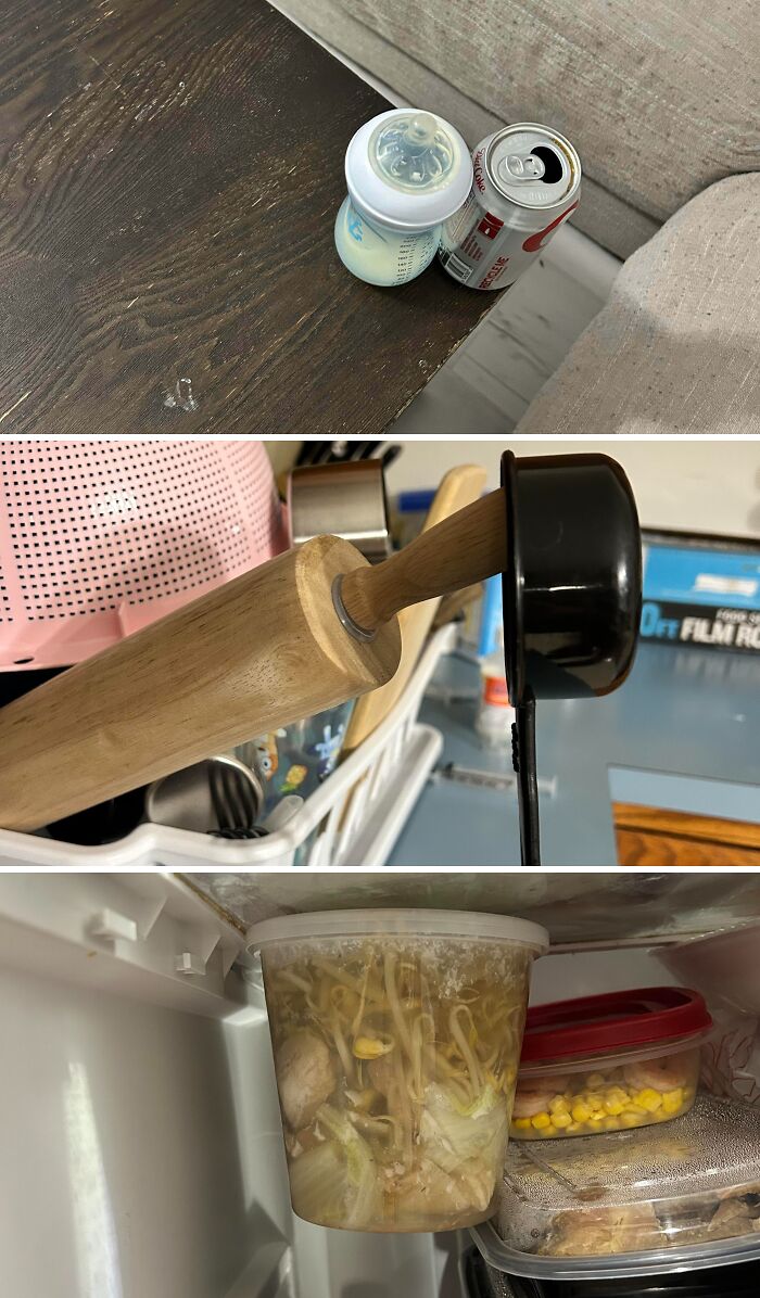 Infuriating examples of men being men include placing baby bottle next to soda, kitchen tools stored oddly, and soup container in fridge.