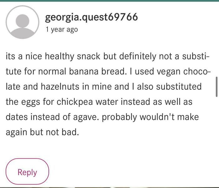 User review of a recipe substitution attempt mentioning vegan ingredients and chickpea water in a failed try.