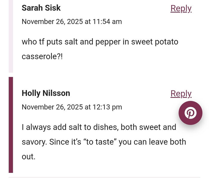 Comments showing failed tries at following a recipe, debating salt use in sweet potato casserole.