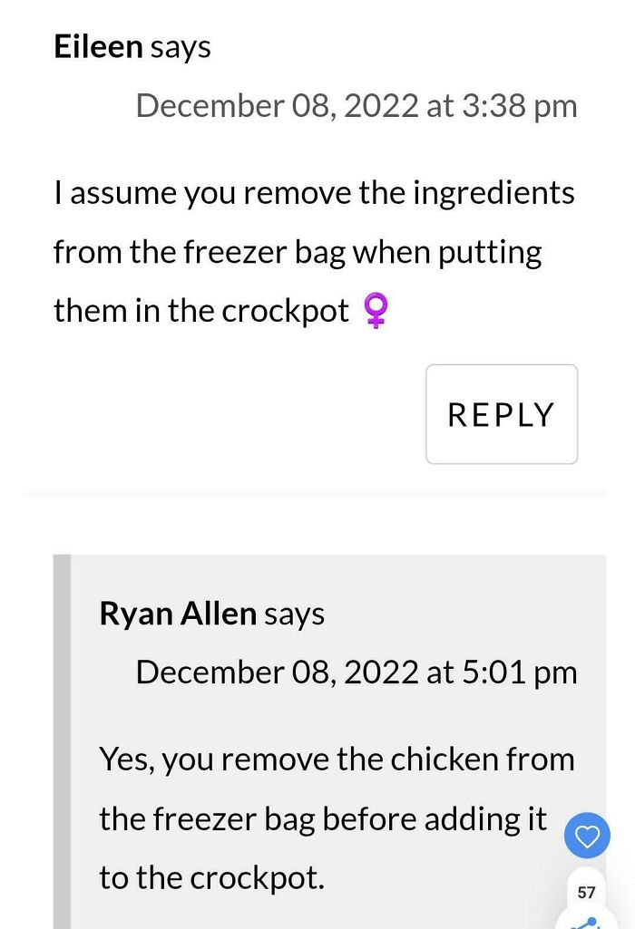 Screenshot of a recipe comment exchange about removing ingredients from freezer bags before using a crockpot.