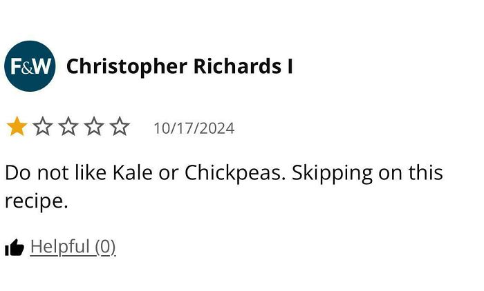 One-star recipe review mentioning dislike of kale and chickpeas from failed tries at following a recipe with unhinged reviews.