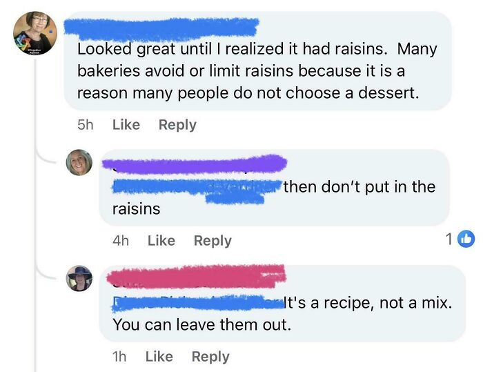 Screenshot of social media comments showing failed tries at following a recipe, leading to humorous and unhinged reviews.