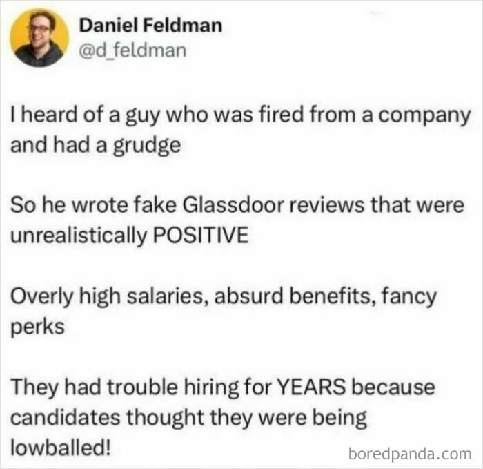 Screenshot of a humorous social media post about fake positive Glassdoor reviews causing hiring issues.