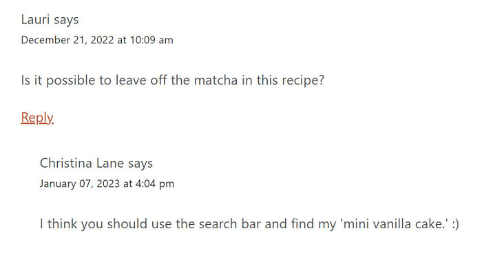 Comments section showing users discussing recipe substitutions and search tips for mini vanilla cake on a food blog page.
