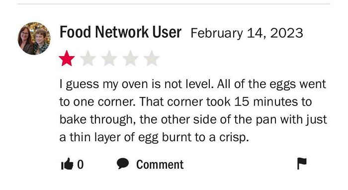 One-star food review describing a failed baking attempt with uneven egg distribution in the pan, part of recipe fails.