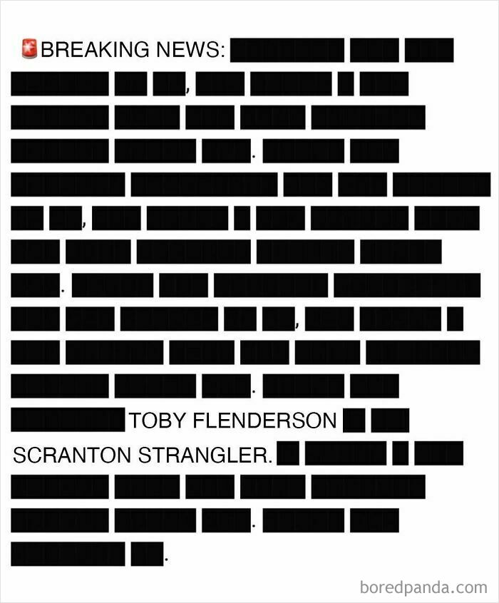 Meme parodying The Office with redacted text and a humorous mention of Toby Flenderson as the Scranton Strangler.