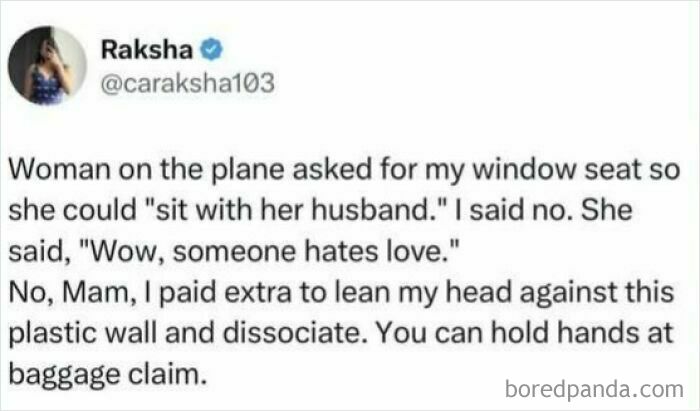 Woman on plane refusing to give up window seat shares funny screenshot to distract from responsibilities.