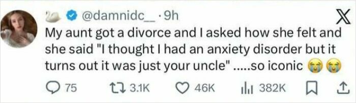 Two women laughing and chatting over coffee outdoors with a funny screenshot of a viral tweet about anxiety and divorce.