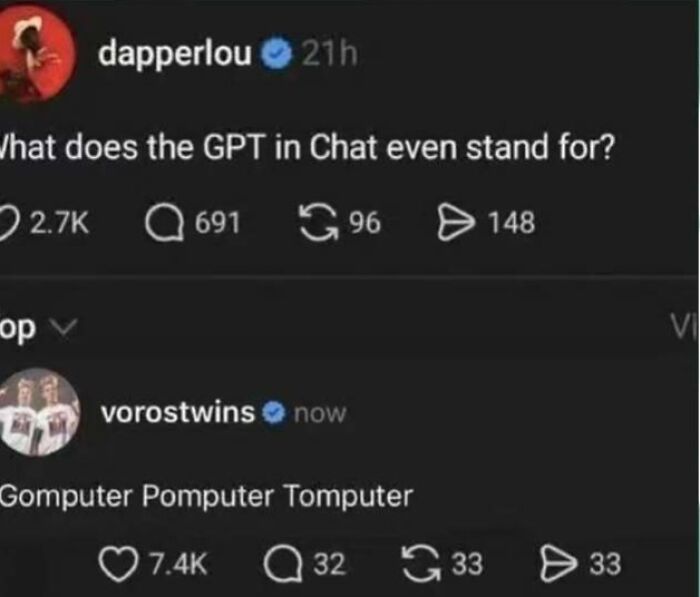 Funny screenshot of a social media exchange joking about the meaning of GPT with playful and distracting comments.