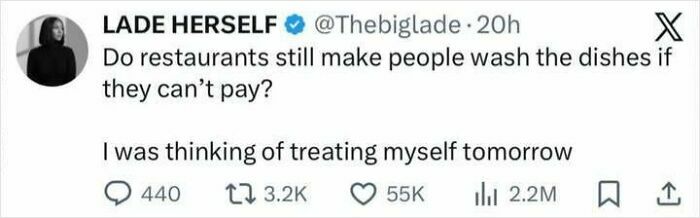 Man in a gray suit sitting at a restaurant table with a funny social media post about restaurants and washing dishes.