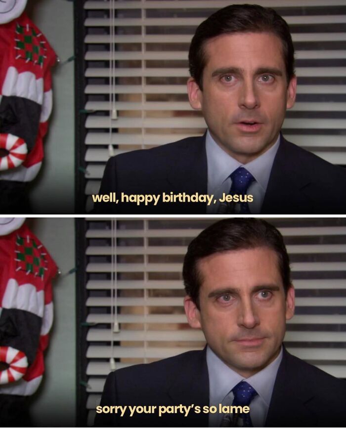 Michael Scott from The Office in a meme saying happy birthday Jesus and commenting on a lame party in an office setting.