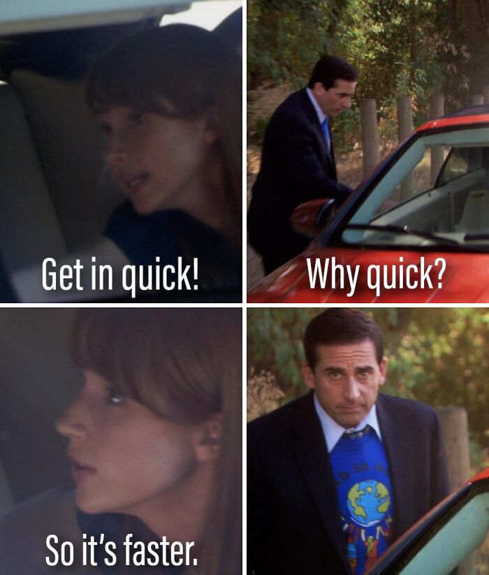 Meme featuring characters from The Office with humorous text showing a quick car scene inspired by the TV series.