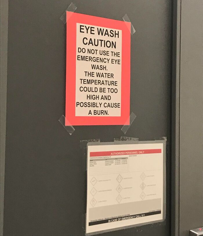 Safety sign warning about emergency eye wash temperature, illustrating reckless work moments needing safety reminders.