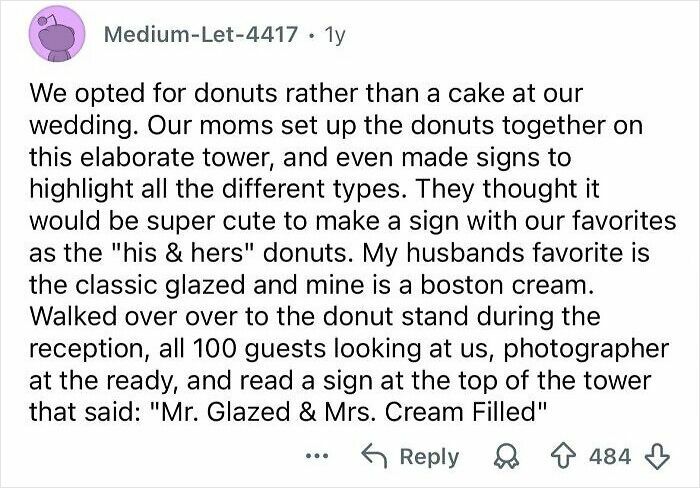 Text post about an embarrassing situation at a wedding donut tower that became funny later with guests watching.