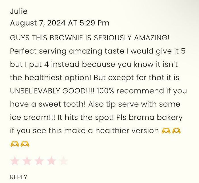 Positive brownie review with a sweet tooth tip, part of 79 failed tries at following a recipe and unhinged reviews.