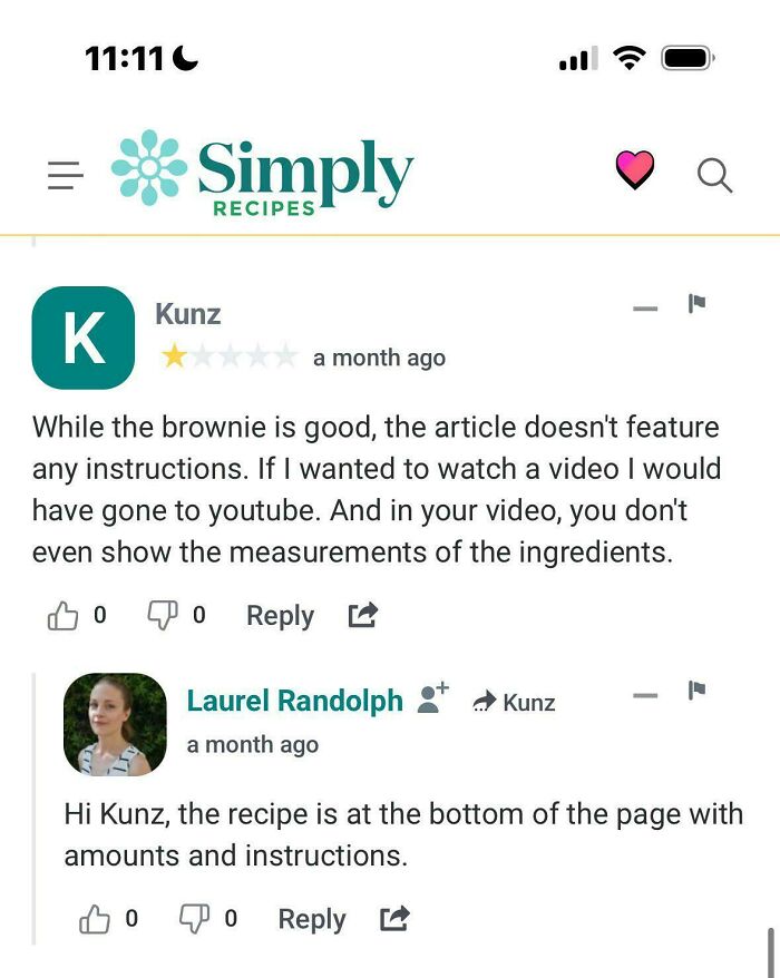 User review complaining about missing recipe instructions and creator's reply clarifying recipe details on Simply Recipes site.