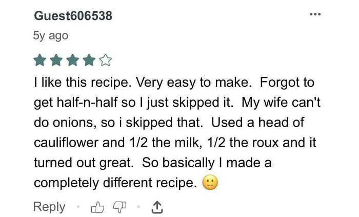 Screenshot of a recipe review with a 4-star rating describing multiple ingredient substitutions and modifications.