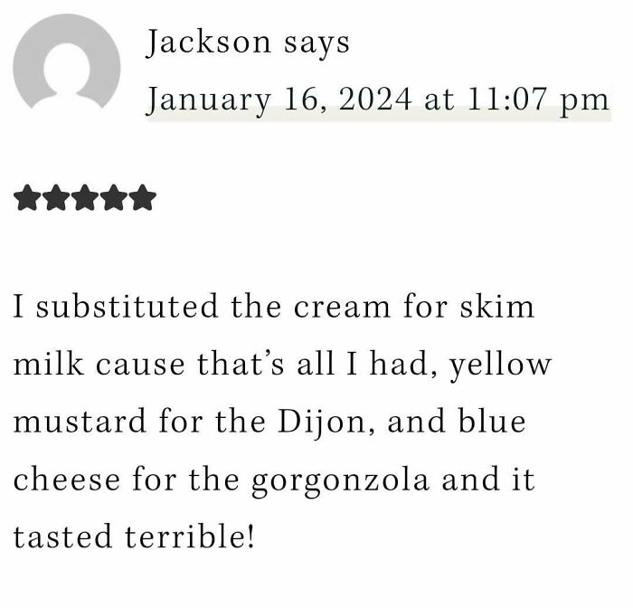 User review dated January 16, 2024, describing a failed recipe attempt with substituted ingredients and terrible taste.