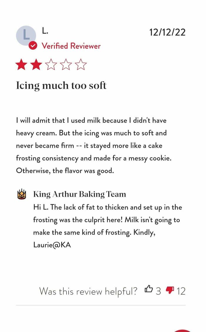 Customer review complaining about soft icing on baked goods in failed tries at following a recipe with unhinged reviews.