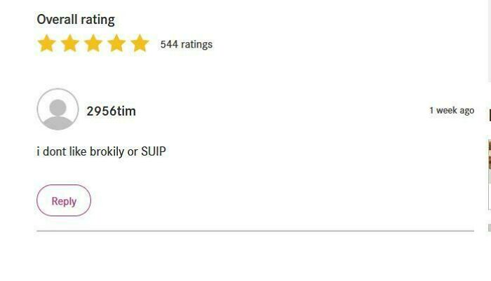 User comment on recipe review page showing 5-star rating and a dislike for broccoli or soup.