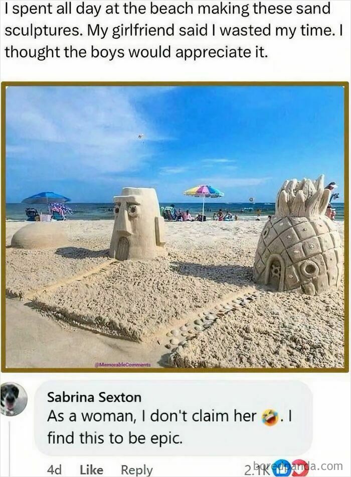 Sand sculptures of SpongeBob characters at the beach highlighting pointlessly gendered online group reactions.