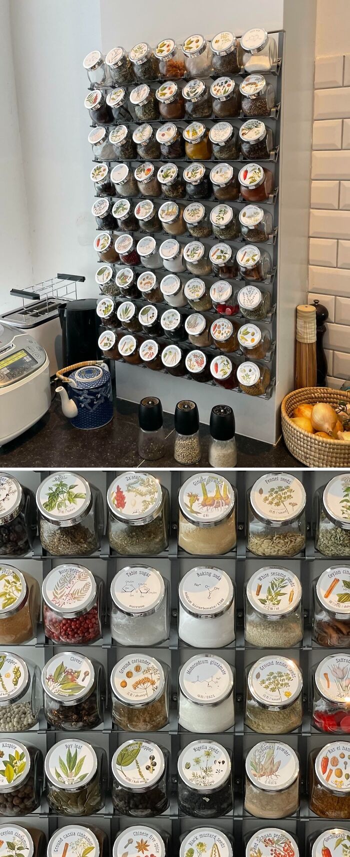 Wall-mounted spice rack with neatly organized jars, showcasing an array of herbs and spices for kitchen order.