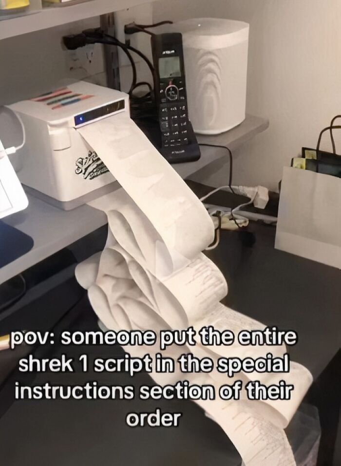 Long receipt printout showing a funny screenshot of someone putting the entire Shrek 1 script in special instructions.