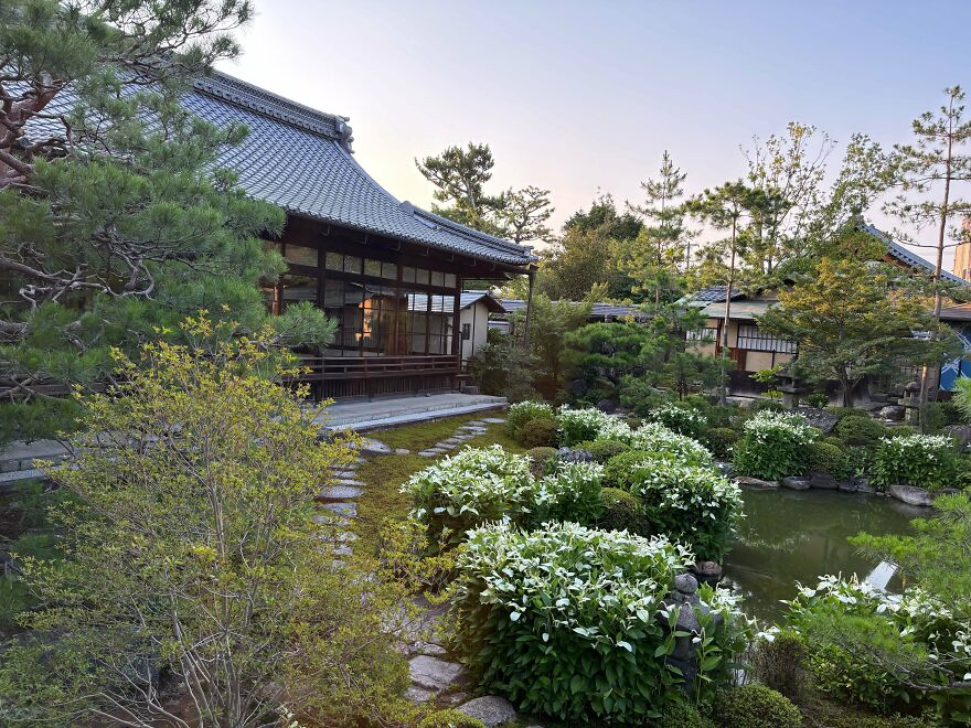 Traditional Japanese architecture with wooden house, tiled roof, and lush garden featuring bushes and a small pond at sunset.