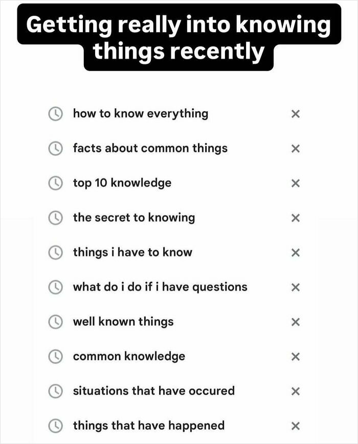 Screenshot of a humorous search history about knowing everything and common knowledge, part of funny screenshots collection.