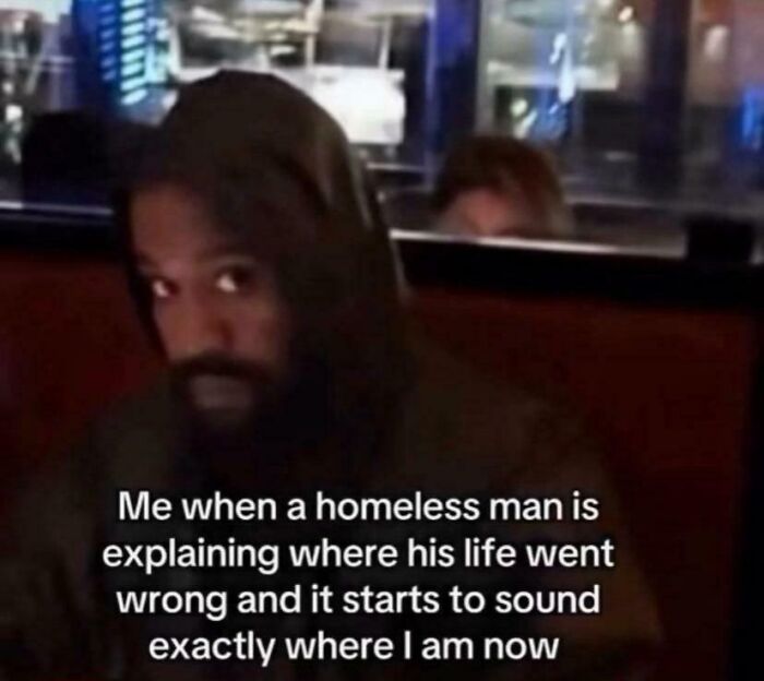 Man in a hoodie looking serious with a caption about relating to a homeless man's life story meme screenshot.