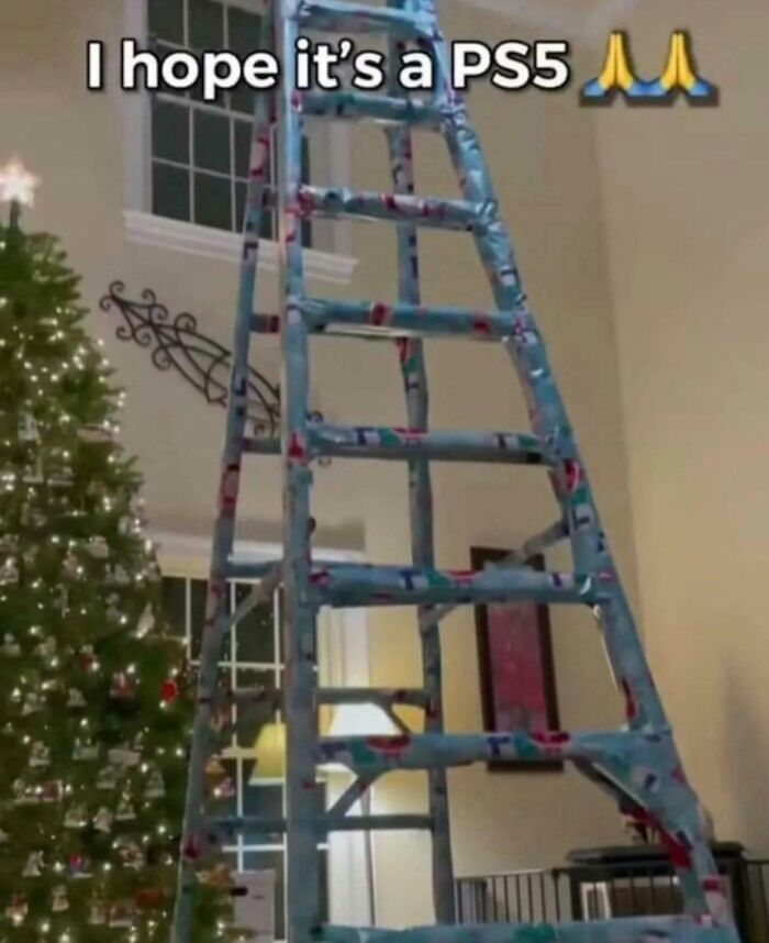 Tall ladder wrapped like a Christmas gift next to a decorated tree, a funny screenshot people took for holiday humor.